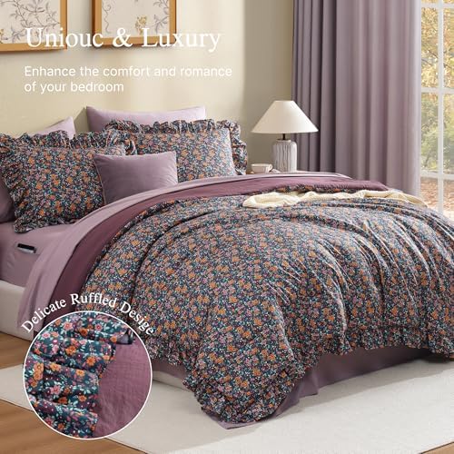 BLOOMHAVEN Full Size Comforter Sets-7 Pieces Floral Ruffle Bedding Set