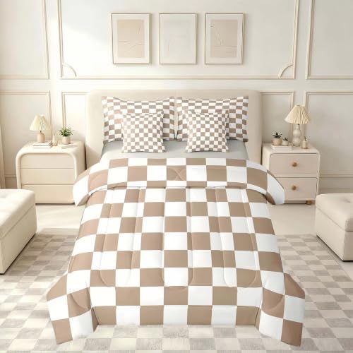 Feelyou Checkered Twin Comforter Set with Sheets for Kids Boys Girls Brown Plaid 7 Pieces Bedding Set Vintage Checkerboard Geometric Bed in a Bag Reversible Grey Room Decor Soft