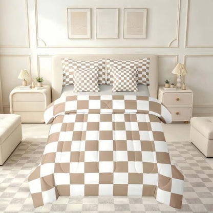 Feelyou Checkered Twin Comforter Set with Sheets for Kids Boys Girls Brown Plaid 7 Pieces Bedding Set Vintage Checkerboard Geometric Bed in a Bag Reversible Grey Room Decor Soft