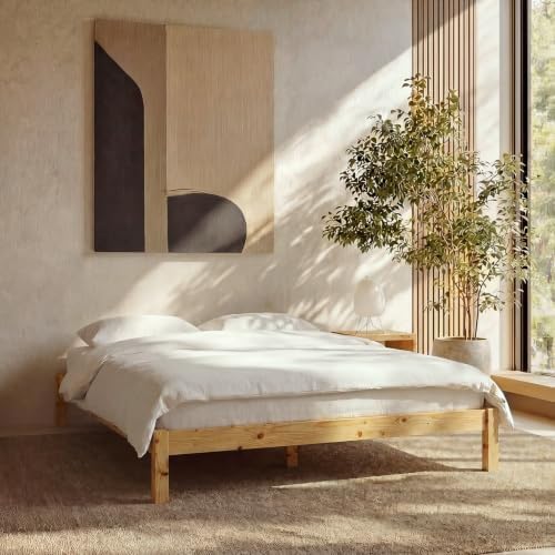 LIFEMENT Queen Bed Frame Classic Wood Platform, Noise Free, Under Bed Storage, No Box Spring Needed, Easy Assembly, New Natural