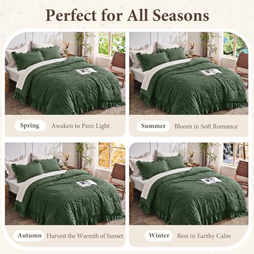JOLLYVOGUE Olive Green Full Comforter Set,3pcs Seersucker Comforters Full