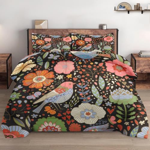 Pamnest Comforter Set Queen Size, Retro Floral Bird Soft 3 Pcs Bedding for Kids and Adults, Vintage Chinese Flower Comforter Set with 2 Pillowcases, for Bedroom Bed Decor