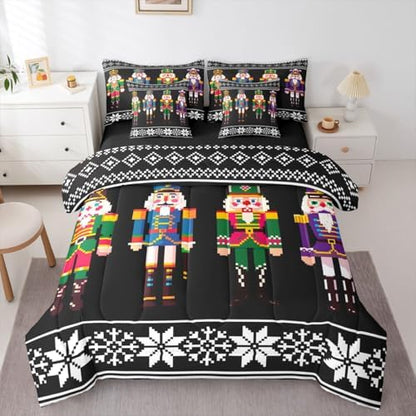 Erosebridal Nutcracker 7 Pcs Comforter Set Full Size, Retro Xmas Bedding for Kids Boys, Colorful Scandinavian Christmas Snowflakes Bed in A Bag Sheet Set, Black White Winter Duvet Insert