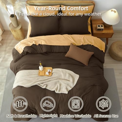 Prewashed King Size Comforter Set 7 Pieces, Brown Bed Set