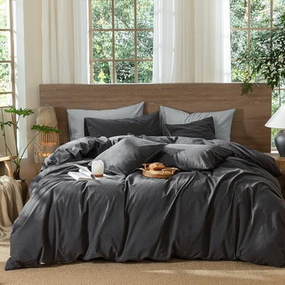 MooMee Wavy Striped Duvet Cover Set 100% Washed Cotton Linen Like Textured Breathable Durable Soft Comfy (Charocal Grey, Twin 68"x90")