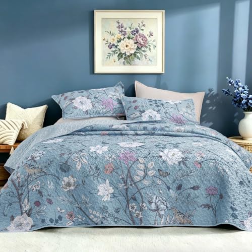Litanika Floral Light Blue Quilt Queen - 3Pcs Botanical Birds Bedding Set