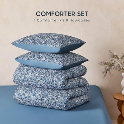 Wake In Cloud - Floral Comforter Set, Cute Vintage Flower Cottagecore Aesthetic for Women Teen Girls, Soft Lightweight Dorm Bedding, 3 Pieces, Dusty Blue, Queen Size
