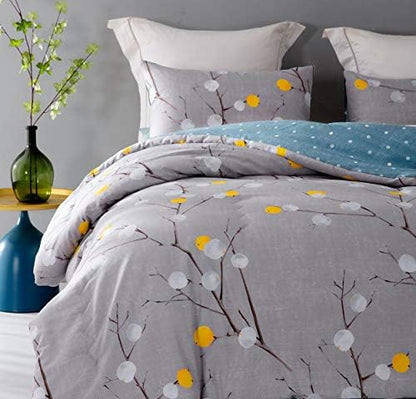 SLEEPBELLA Comforter King Size, 600 Thread Count Cotton Grey Branch with Yellow Turquoise Polka Dot Pattern Green Reversible Comforter Set,Down Alternative Bedding Set 3Pcs(King, Grey Branch)