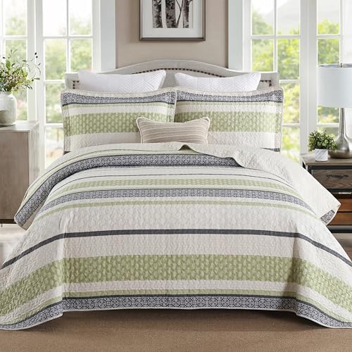 Homzard King Size Quilt,Cotton King Size Bedding Comforter Set,Sage Green Beige Grey Bedspread Set,Striped Bed Set Coverlet Lightweight Farmhouse Home Decor 3 Piece