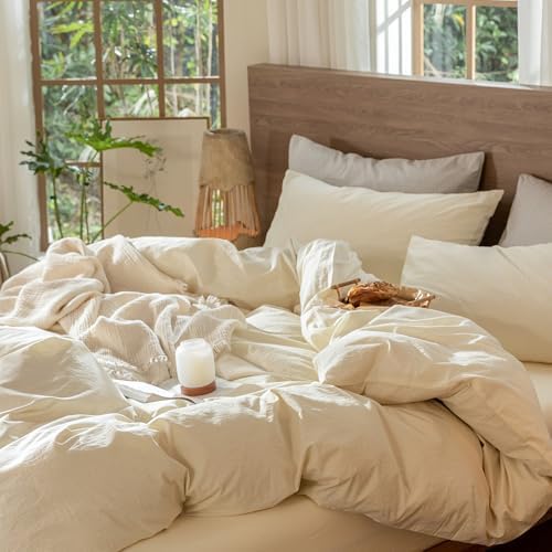 MooMee Wavy Striped Duvet Cover Set 100% Washed Cotton Linen Like Textured Breathable Durable Soft Comfy (Cream White, Queen 90"x90")