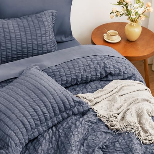 Love's cabin Seersucker Navy Blue Twin Comforter Set