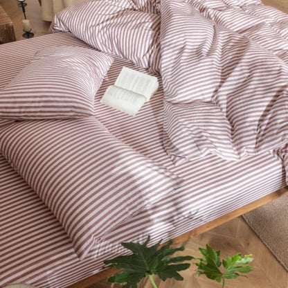 MooMee Striped Duvet Cover Set 100% Washed Cotton Linen Like Queen
