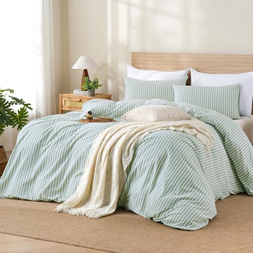 TOCOMOA Sage Green Striped Duvet Cover Set Washed Cotton Like Linen, Queen