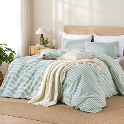 TOCOMOA Sage Green Striped Duvet Cover Set Washed Cotton Like Linen, King