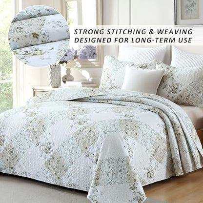 HIARUO Quilt Set Queen Size 3 Pieces Floral Patchwork Comforter Bedspread Boho Plaid Coverlet Reversible Lightweight Farmhouse Bedding with 2 Pillow Covers Shams for All Season, Green Purple