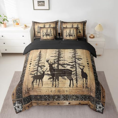 Erosebridal Rustic Deer Comforter Set 7 Piece Farmhouse Cabin Bed in A Bag Full Western Woodland Wildlife Bedding Comforter Sets for Kids Boys Adults Men Black Retro Country Animal Bed Set