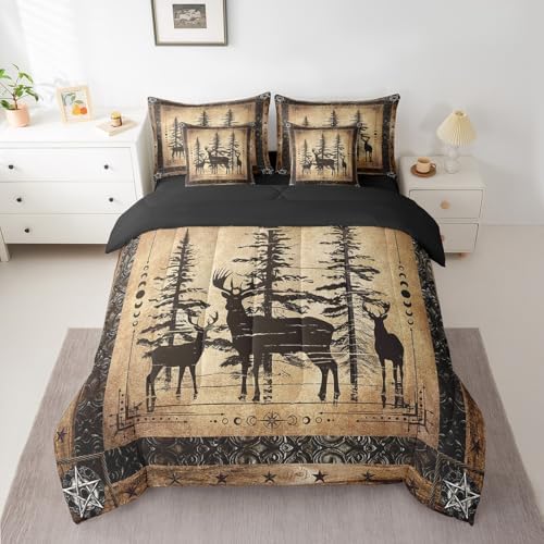 Erosebridal Rustic Deer Comforter Set 7 Piece Farmhouse Cabin Bed in A Bag Twin Western Woodland Wildlife Bedding Comforter Sets for Kids Boys Adults Men Black Retro Country Animal Bed Set
