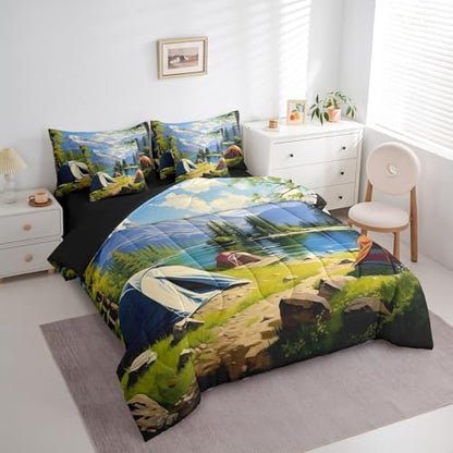Erosebridal Happy Camping Bed in A Bag with Sheets Full Camper Accessories 7 Piece Comforter Set Watercolor Cartoon Tents Bedding Set,Campe Woodland Adventure Bedding Comforter Sets