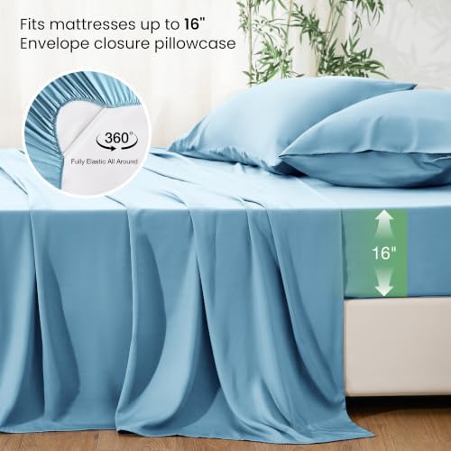 Love's cabin 4 Piece Full Size Sheet Set, 100% Rayon Derived from Bamboo, Cooling & Breathable, Soft Silky Deep Pocket up to 16", Hotel Luxury Bedding for Hot Sleepers, Light Blue