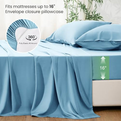 Love's cabin 4 Piece California King Size Sheet Set, 100% Rayon Derived from Bamboo, Cooling & Breathable, Soft Silky Deep Pocket up to 16", Hotel Luxury Bedding for Hot Sleepers, Light Blue