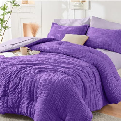 HYMOKEGE Dark Purple/Lavender Twin Comforter Set Seersucker 5 Pieces, All Season Luxury Bed in a Bag for Bedroom, Bedding Set with Comforter, Sheets, Pillowcase & Sham
