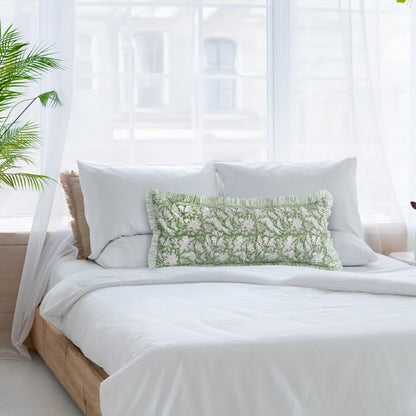 CPC Block Print Olive Green Ruffle Cotton Lumbar Pillow Cover 12x20 inch