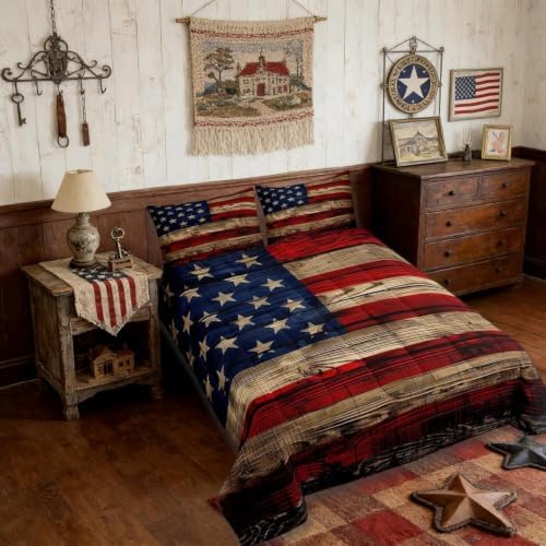 Castle Fairy American Flag Quilt Set King Size, Brown Wooden Board Country Retro Farmhouse Natural Style Comforter Set for Girls Teens Bedroom Present, Microfiber Bedding Set with 2 Pillowcases