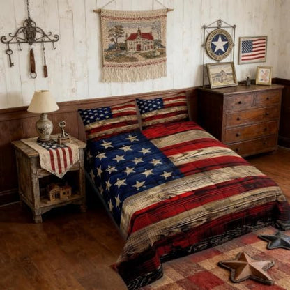 Castle Fairy American Flag Quilt Set King Size, Brown Wooden Board Country Retro Farmhouse Natural Style Comforter Set for Girls Teens Bedroom Present, Microfiber Bedding Set with 2 Pillowcases