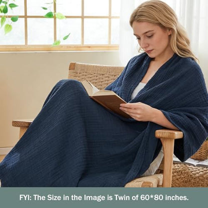 EMME Muslin Blankets for Adults Throw Blanket for Couch Breathable Gauze Soft Lightweight Airy Navy King 108" x 90"