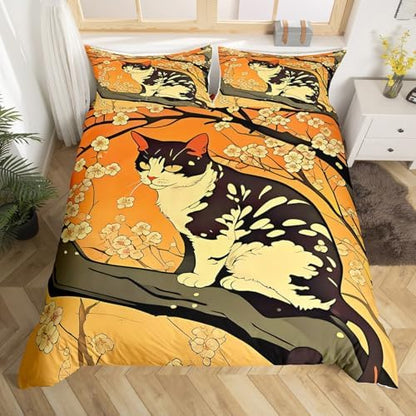 Feelyou Kids Cat Duvet Cover Queen Size Cherry Blossoms Bedding Set Boys Girls Sakura Flower Floral Botanical Branches Comforter Cover Set Japanese Style Pattern Bedspread Cover（No Comforter