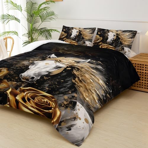 White Horse Style Comforter Set Twin Size，Gold Rose Floral Bedding Sets Twin，Butterfly Quilt Pattern，Western Bedroom Decor