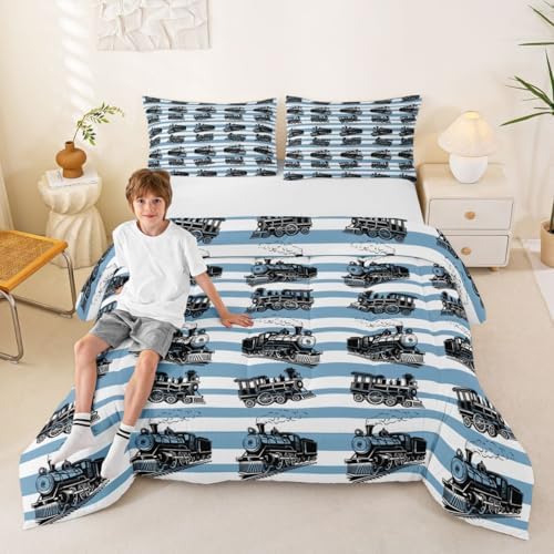 Feelyou Retro Train Comforter Set Queen Size Vintage Steam Locomotive Down Bedding Set for Kids Boys Girls Blue White Geometric Stripes Duvet Quilt Bedroom Decor Microfiber 3 Pcs with 2 Pillow Cases