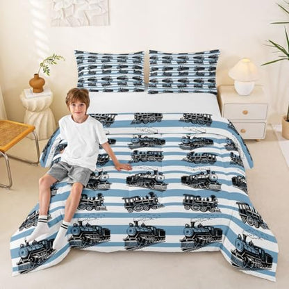 Feelyou Retro Train Comforter Set Queen Size Vintage Steam Locomotive Down Bedding Set for Kids Boys Girls Blue White Geometric Stripes Duvet Quilt Bedroom Decor Microfiber 3 Pcs with 2 Pillow Cases