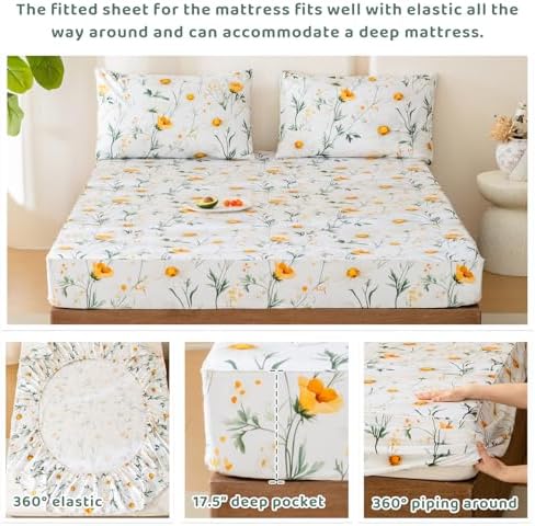 QSH 4PCs Green Floral Sheets Queen Size,100% Egyptian Cotton Sheets Queen Size Yellow Platycodon Flowers Botanical Pattern Printed Bed Sheet Extra Soft and Breathable 17.5" Deep Pockets Bedding Sheet