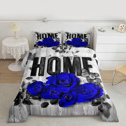 Castle Fairy Blue Rose Comforter Set with 2 Pillowcases,Valentine's Day Romantic Super Soft Microfiber Bedding Set for Adults Teens,Retro Farmhouse Board Duvet Set for Room Decor,King