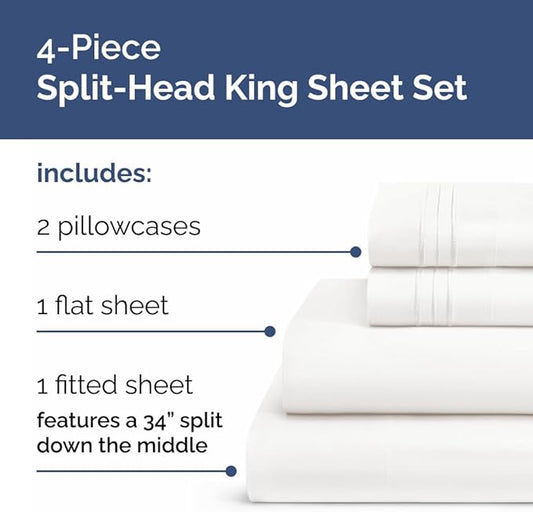 Flex Top Split Head King 4 Piece Sheet Set - Comfy Breathable & Cooling Bed Sheets Set - Hotel Luxury Bedding for Women, Men, Kids, Teens, Boys & Girls - Deep Pockets, Soft, Oeko-Tex - Antique White