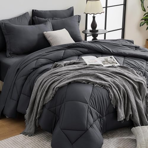 HEVUMYI 7-Piece Oversized King Comforter Set, Dark Grey Bed in a Bag