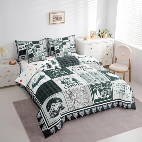 Erosebridal 7 Piece Kids Happy Camping Full Comforter Set,Rv Camper Bedding Set with Sheets for Travel Trailers,Green Buffalo Plaid Patchwork Bed Set,Rustic Cabin Bed in a Bag with Pillowcases