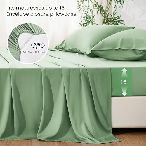 Love's cabin 3 Piece Twin Sheet Set, 100% Rayon Derived from Bamboo, Cooling & Breathable, Soft Silky Deep Pocket up to 16", Hotel Luxury Bedding for Hot Sleepers, Sage Green