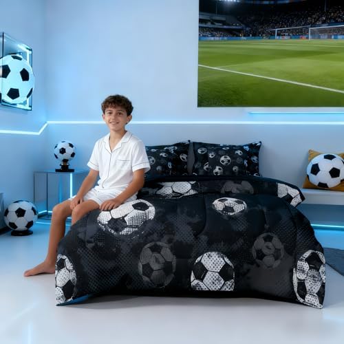 Erosebridal Soccer Comforter Full Size - Football Bedding Sets with Sheets for Boys Teens Sport Themed Bed in A Bag, 3D Ball Gaming Bed Set Bedroom Decor, Black Gray Grunge Room Decor 7Pcs