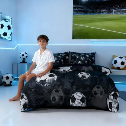 Erosebridal Soccer Comforter Full Size - Football Bedding Sets with Sheets for Boys Teens Sport Themed Bed in A Bag, 3D Ball Gaming Bed Set Bedroom Decor, Black Gray Grunge Room Decor 7Pcs