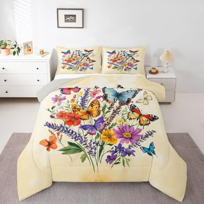 jejeloiu Butterfly Kids Comforter Set King Size Beautiful Butterfly Bedding Set Botanical Duvet Quilt for Kids Boys Girls Bedroom Flower Decor Microfiber Ultra Soft Breathable