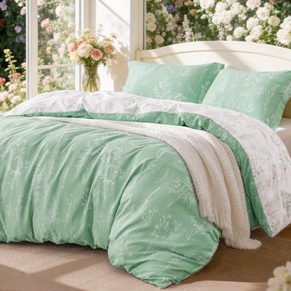 Love's cabin Sage Green Comforter Set Full - Full Size Comforter Set, 3 Pieces Cute Floral Bedding Sets for All Seasons,1 Soft Reversible Botanical Flowers Comforter and 2 Pillow Shams
