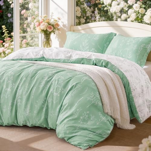 Love's cabin Sage Green Comforter Set Queen - Queen Size Comforter Set, 3 Pieces Cute Floral Bedding Sets for All Seasons,1 Soft Reversible Botanical Flowers Comforter and 2 Pillow Shams