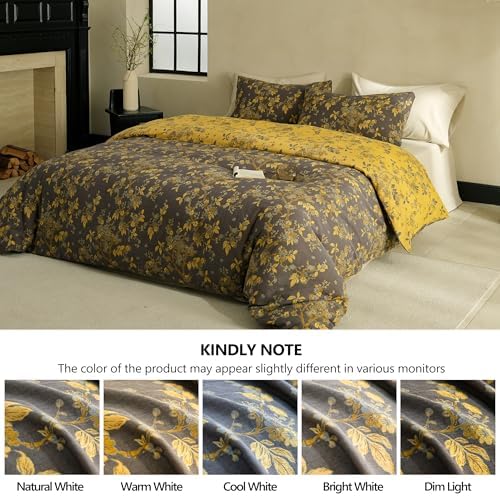 Simple&Opulence Muslin Duvet Cover Set Queen Size, 100% Washed Cotton 3 Pieces Yarn-Dyed Vintage Grey Floral Jacquard Textured Bedding, Soft & Breathable Gauze Comforter Cover with Zipper Closure