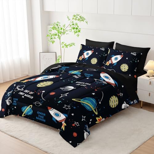 7Pcs Space Comforter Set Astronaut Space Rocket Printed Bedding Set with 1 Comforter, 1 Flat Sheet, 1 Fitted Sheet and 4 Pillowcases for Boys and Girls Bedroom (Astronaut Queen