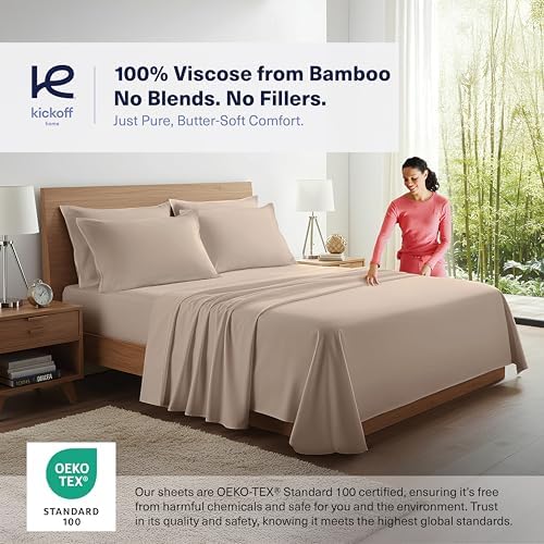 Kickoff Viscose Bamboo Sheets King Size 4-pc 100% Organic Bamboo Viscose Bed Cooling Sheets King Size Set Cool Bedding for hot Sleepers Sheet Set - Gift Ready Packaging (Taupe Latte,K)