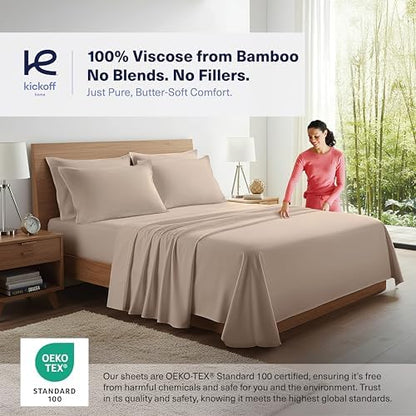 Kickoff Viscose Bamboo Sheets King Size 4-pc 100% Organic Bamboo Viscose Bed Cooling Sheets King Size Set Cool Bedding for hot Sleepers Sheet Set - Gift Ready Packaging (Taupe Latte,K)