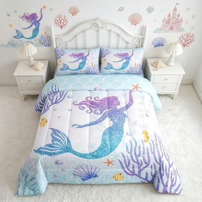 Castle Fairy Mermaid Bedding Set Full Size Rainbow Watercolor Glitter Comforter Set for Kids Girls Women Teens Room Decor, Mermaid Fish Scale Quilt Set Ocean Coral Shell Duvet Insert 3pcs