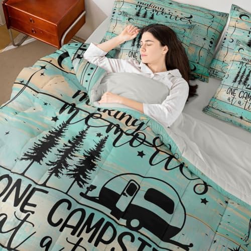 Erosebridal 7 Pieces Rv Camper Bed Set King Happy Camping Comforter and Sheets - Country Rustic Farmhouse Bed in A Bag for Kids Teens Adult,Vintage Wooden Barn Door Comforter Green Bedding Sheet Set